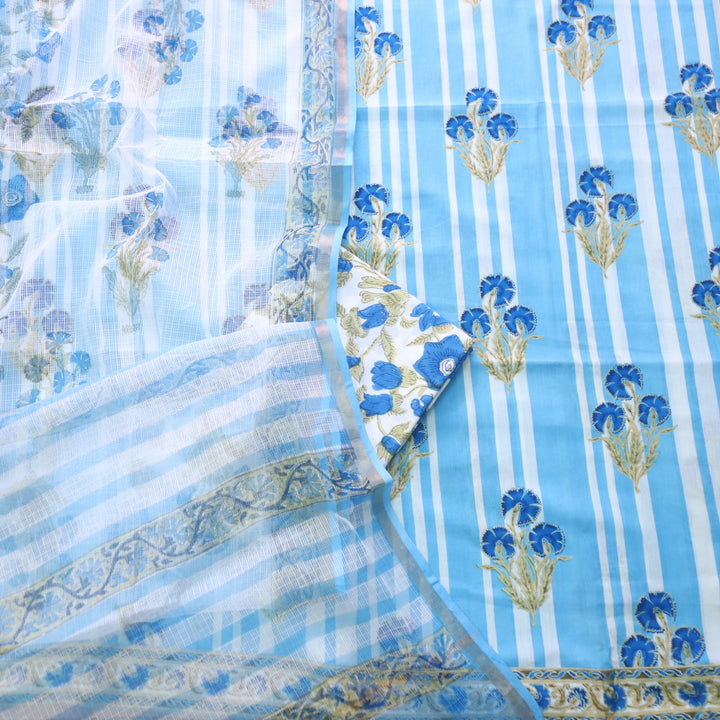 Rahi Sky Blue in All Over Stripe with Floral Printed Cotton Suit Set