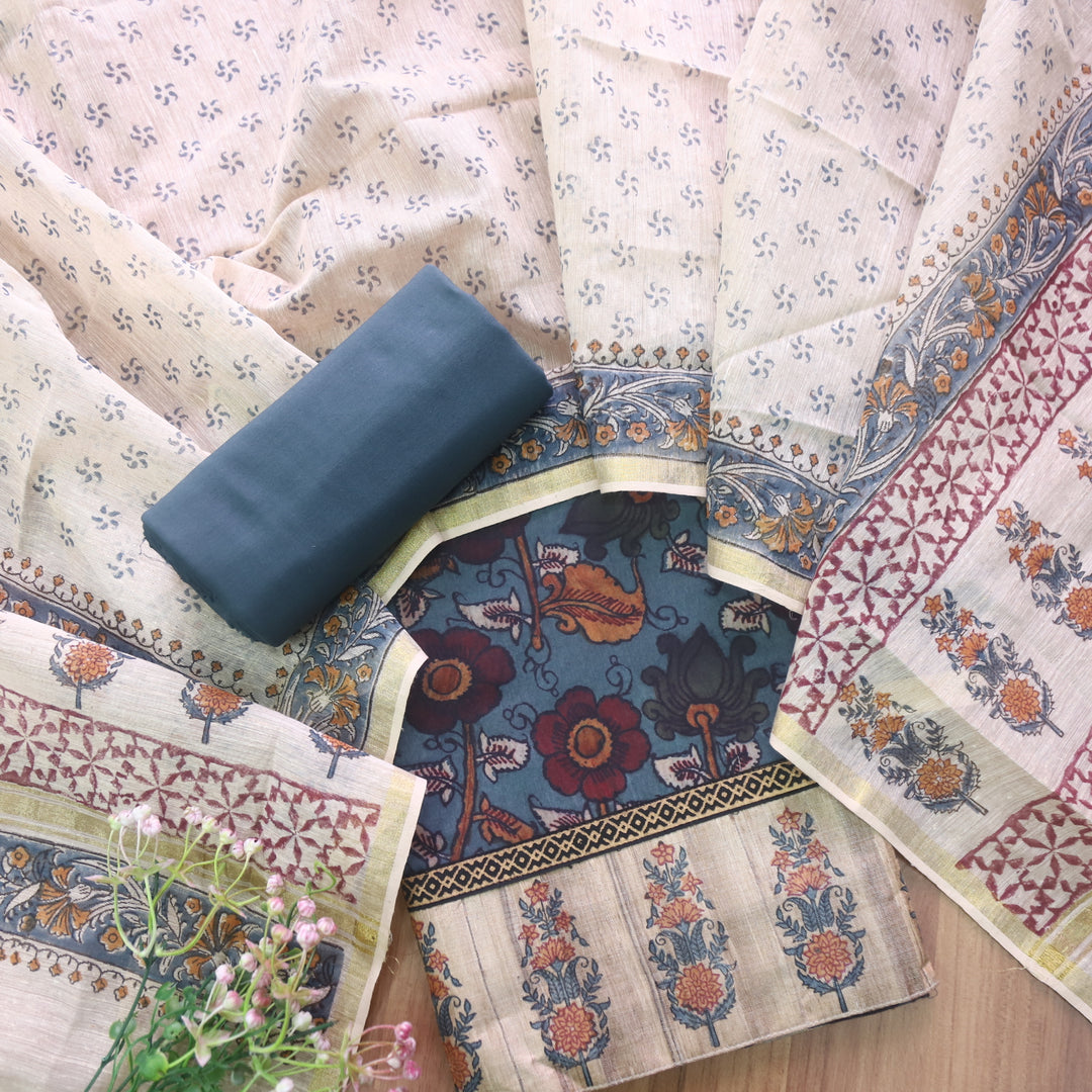 Hayaat Sapphire Blue Digital Kalamkari Floral Printed Cotton Suit Set