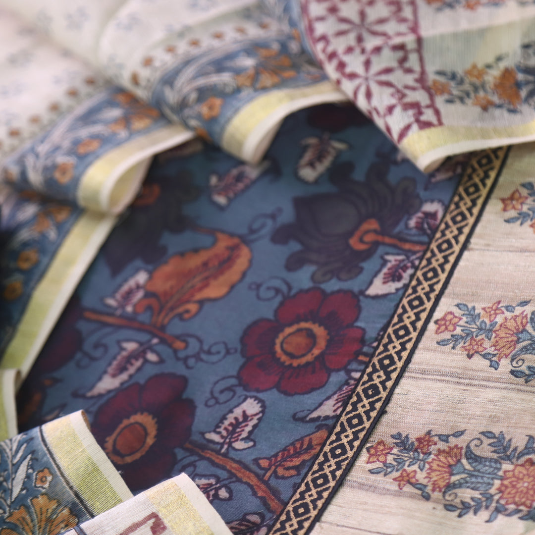 Hayaat Sapphire Blue Digital Kalamkari Floral Printed Cotton Suit Set