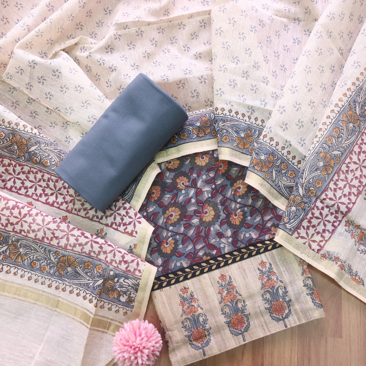 Hayaat Bluish Grey  Digital Kalamkari Floral Printed Cotton Suit Set