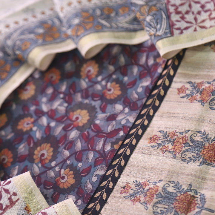 Hayaat Bluish Grey  Digital Kalamkari Floral Printed Cotton Suit Set