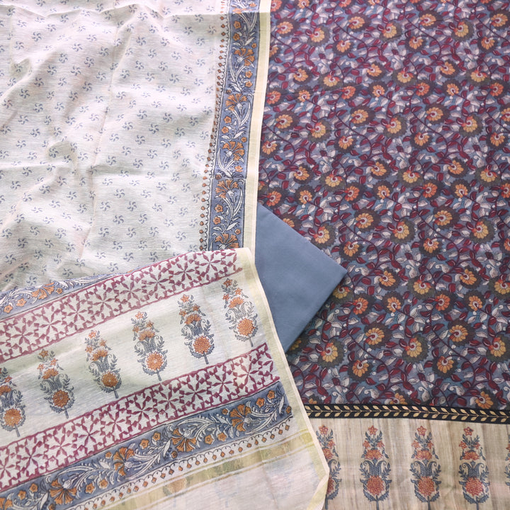 Hayaat Bluish Grey  Digital Kalamkari Floral Printed Cotton Suit Set
