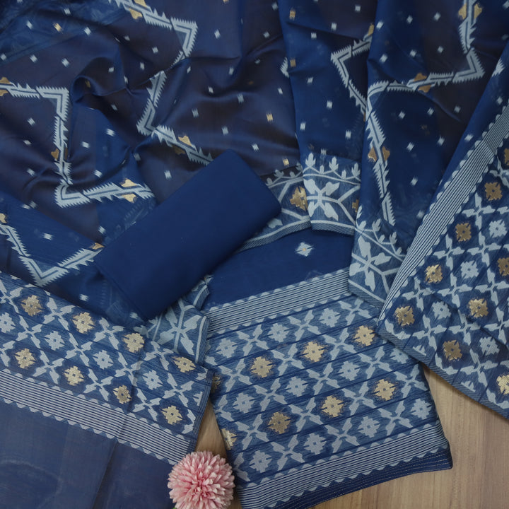 Sarang Denim Blue with Zari and Authentic Jamdani Weaved Suit Set