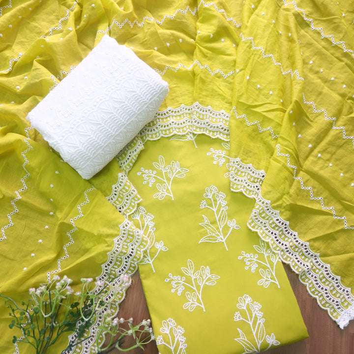 Blissta Lemon Yellow All Over Thread Work Detailing Cotton Suit Set