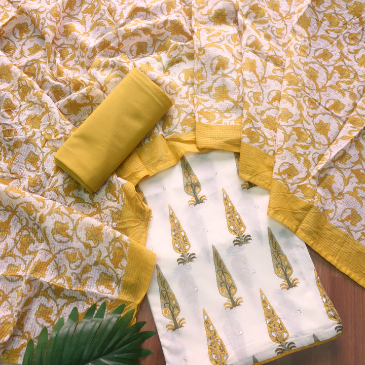 Rahi Off-White with Yellow in Floral Printed and Zari Weaved Cotton Suit Set