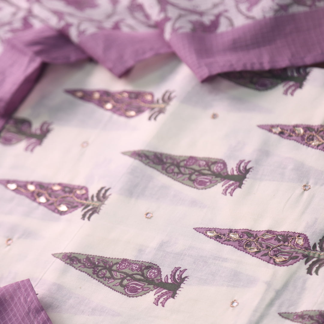 Rahi Off-White with Purple in Floral Printed and Zari Weaved Cotton Suit Set