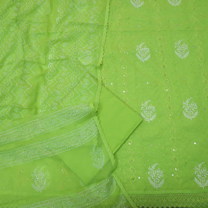 Ruaa Neon Green French Knot Work with Patra Detailing Cotton Suit Set