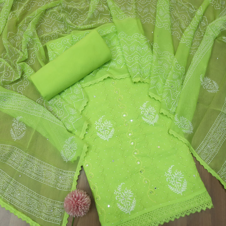 Ruaa Neon Green French Knot Work with Patra Detailing Cotton Suit Set