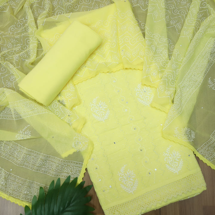 Ruaa Butter Yellow French Knot Work with Patra Detailing Cotton Suit Set