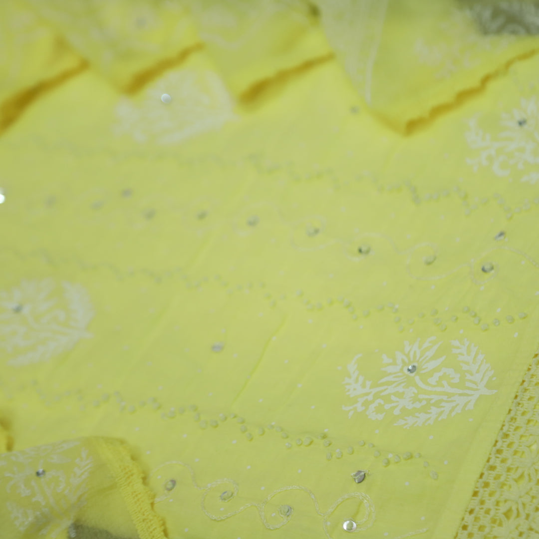 Ruaa Butter Yellow French Knot Work with Patra Detailing Cotton Suit Set