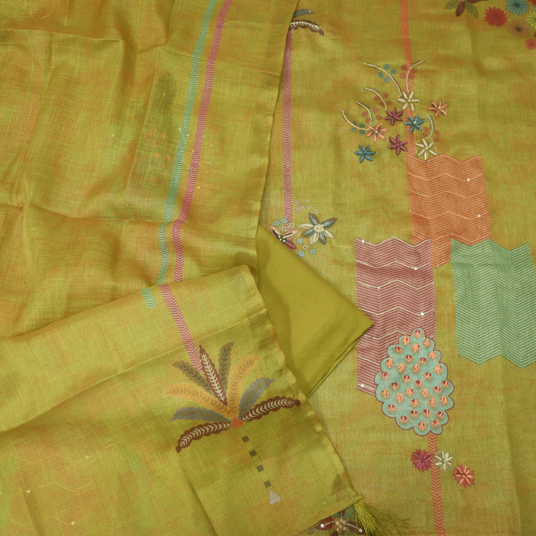 Falak Dijon Yellow Thread Work Detailing Printed Shimmer Tissue Chanderi Set