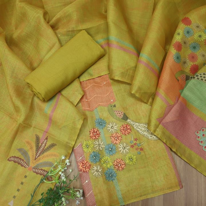 Falak Dijon Yellow Thread Work Detailing Printed Shimmer Tissue Chanderi Set