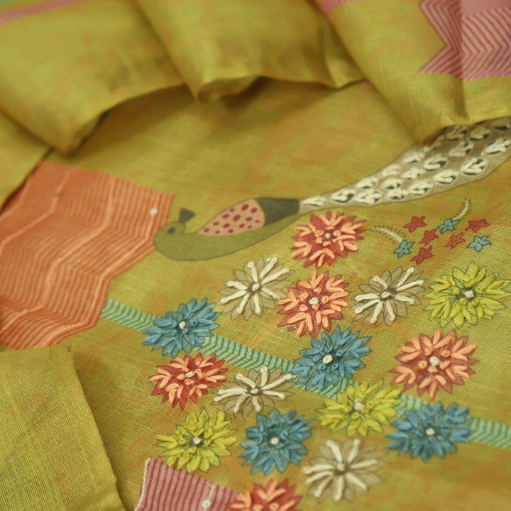 Falak Dijon Yellow Thread Work Detailing Printed Shimmer Tissue Chanderi Set