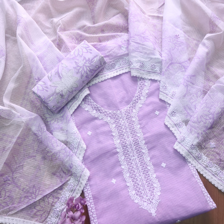 Iftaari Orchid Purple Floral Thread Embroidered Neck Work Kota Doriya Suit Set