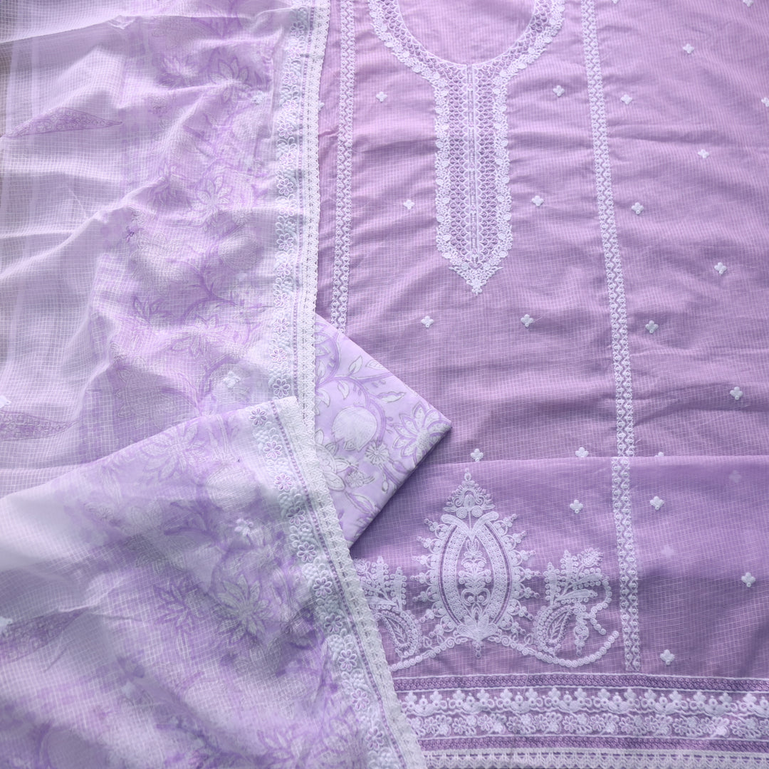 Iftaari Orchid Purple Floral Thread Embroidered Neck Work Kota Doriya Suit Set