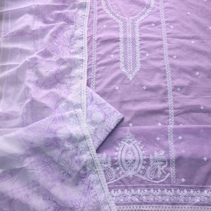 Iftaari Orchid Purple Floral Thread Embroidered Neck Work Kota Doriya Suit Set