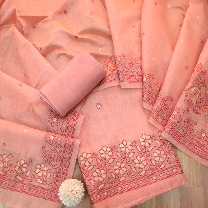 Zinat Coral Peach in Zari with Thread Authentic Jamdani Weaved Suit Set