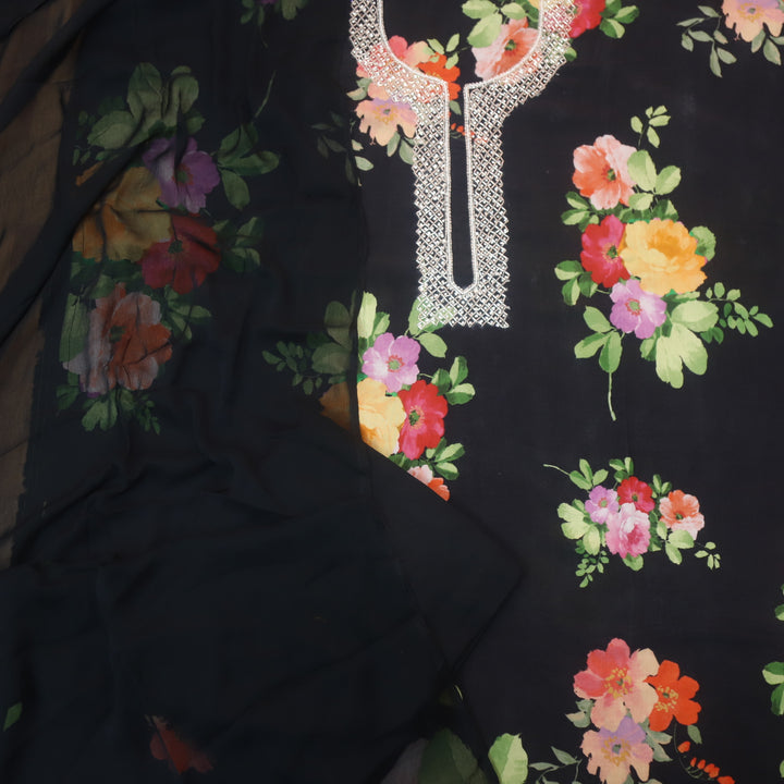 Adaa Midnight Black Embellished Neckline in Floral Printed Muslin Suit Set