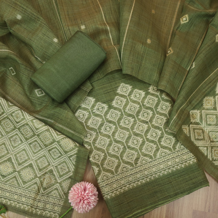 Roop Olive Green with Zari and Authentic Jamdani Weaved Hem Suit Set