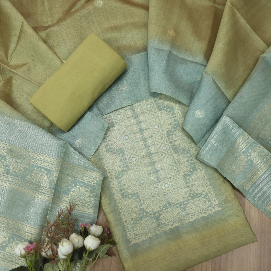 Paaki Fern Yellow All Over Zari Weaved Work Chanderi Suit Set