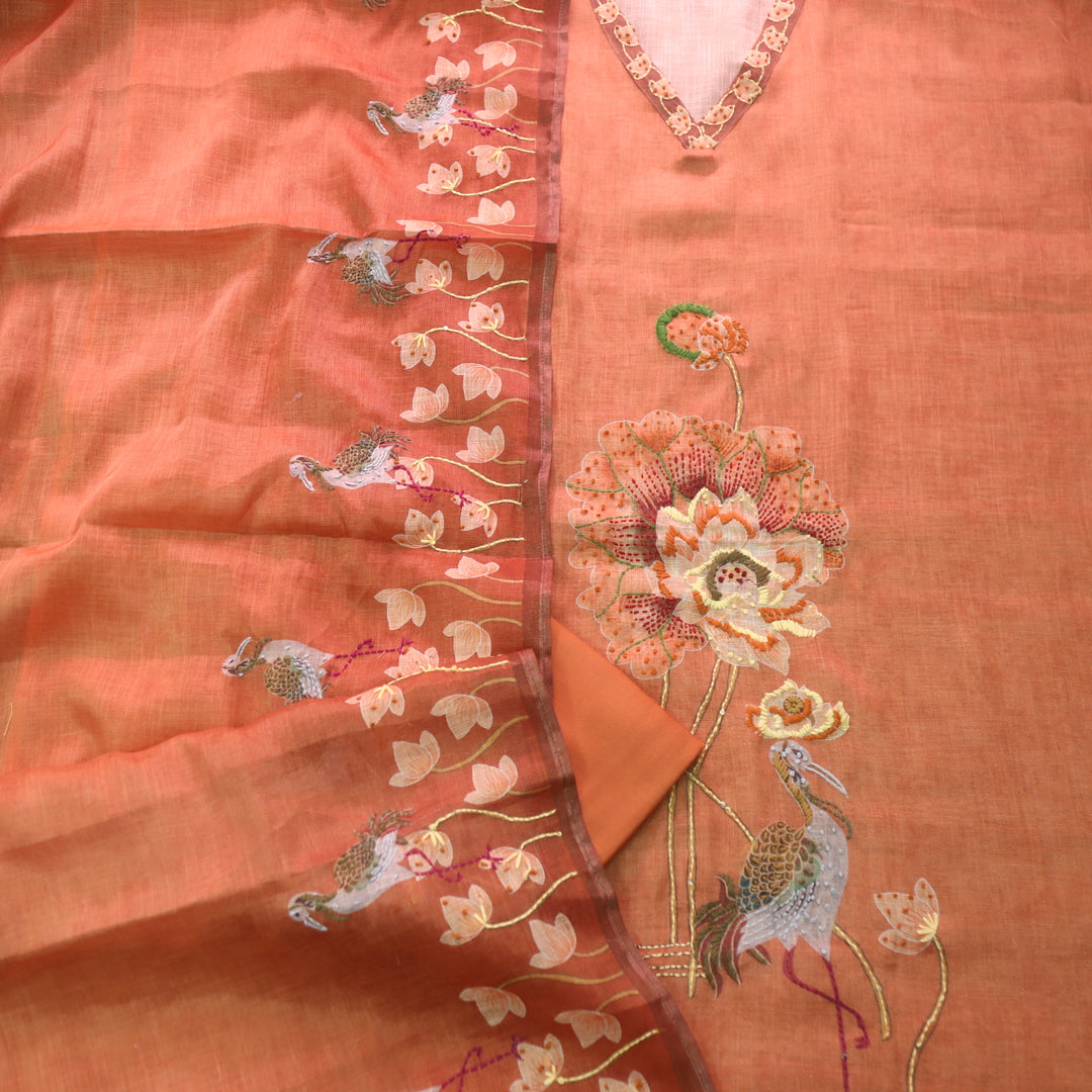 Falak Rust Orange V Neck Thread Work Detailing Shimmer Tissue Chanderi Set