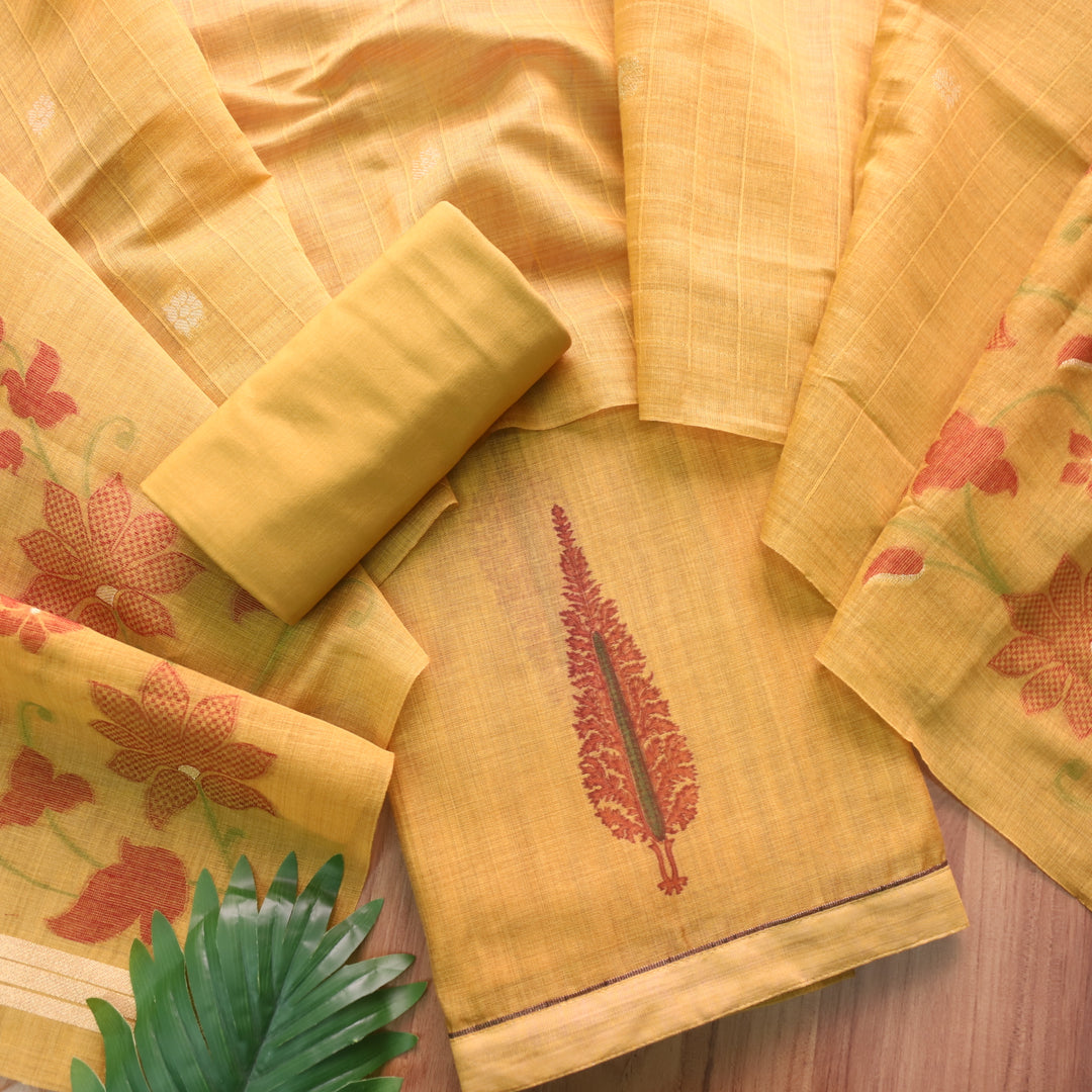 Raajhan Dandelion Yellow with Floral Authentic Jamdani Weaved Suit Set