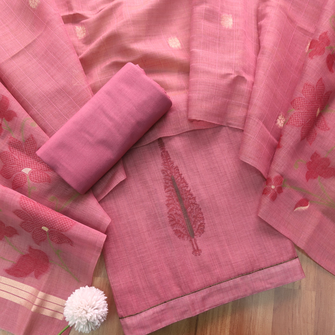 Raajhan Mauve Pink with Floral Authentic Jamdani Weaved Suit Set