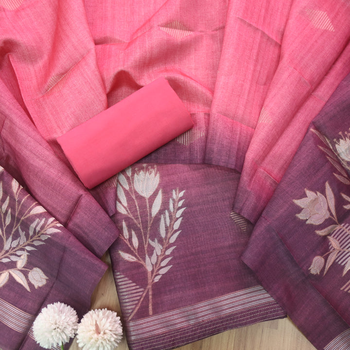 Kakashi Mulberry Purple Floral Zari Weaved Work Jamdani Chanderi Suit Set