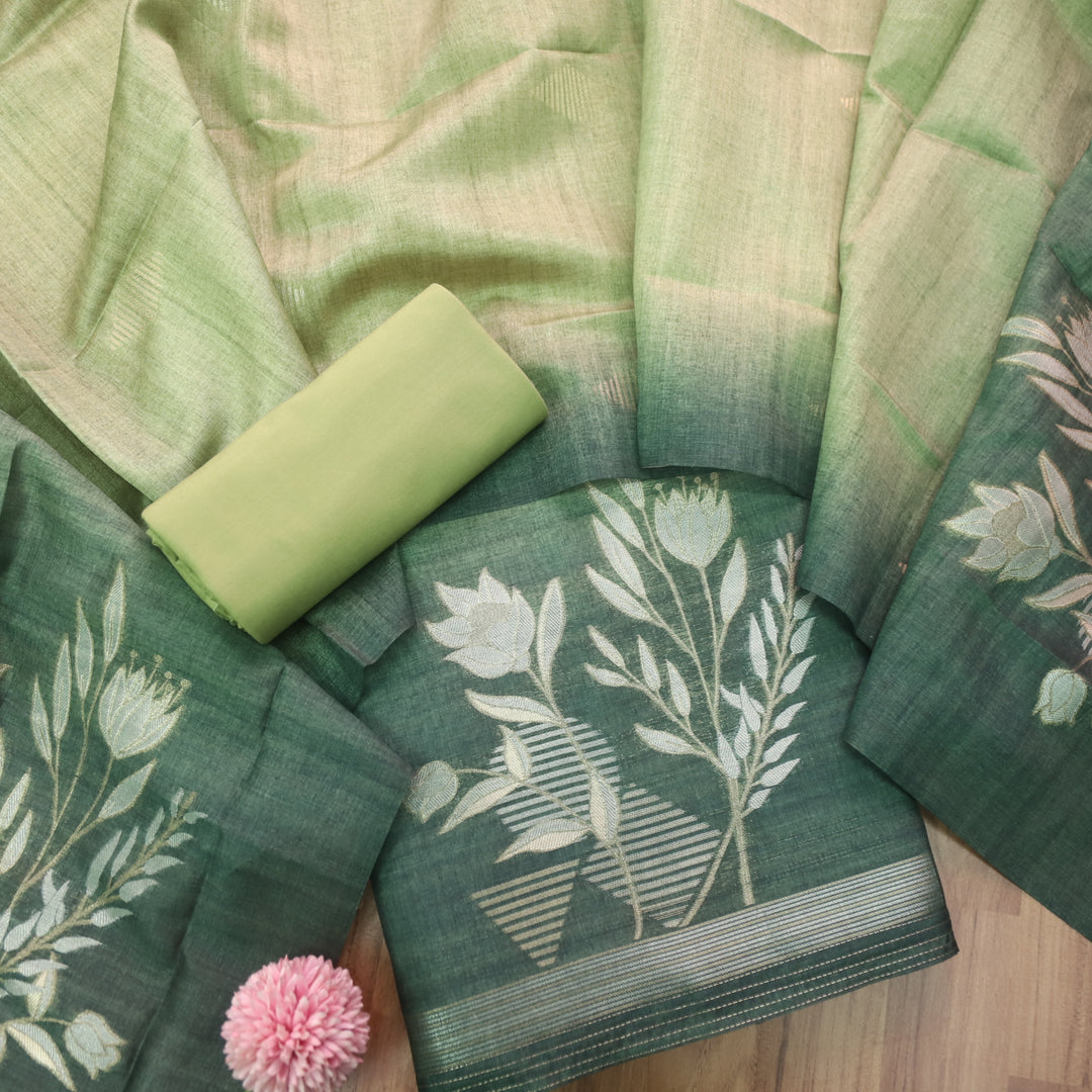 Kakashi Pine Green Floral Zari Weaved Work Jamdani Chanderi Suit Set