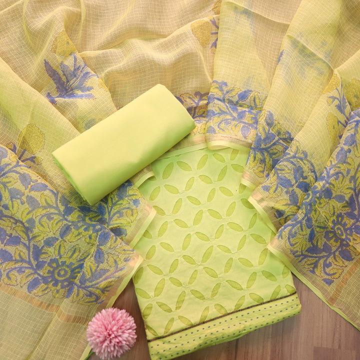 Kakashi Mint Green All Over Applique Work with Zari on Hem Cotton Suit Set