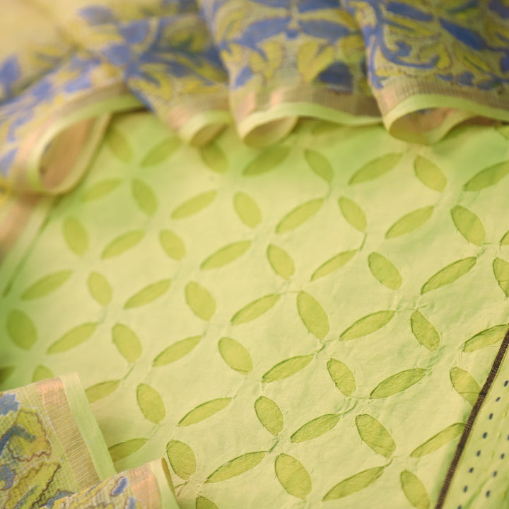 Kakashi Mint Green All Over Applique Work with Zari on Hem Cotton Suit Set