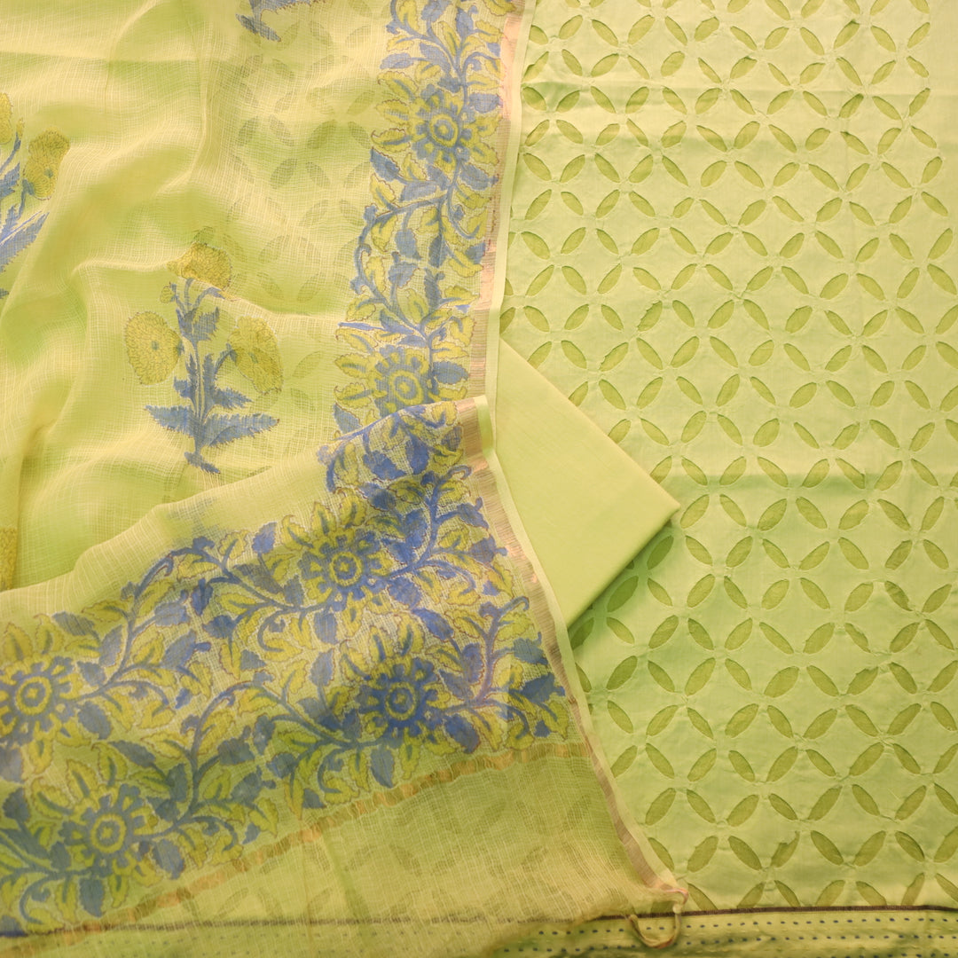 Kakashi Mint Green All Over Applique Work with Zari on Hem Cotton Suit Set