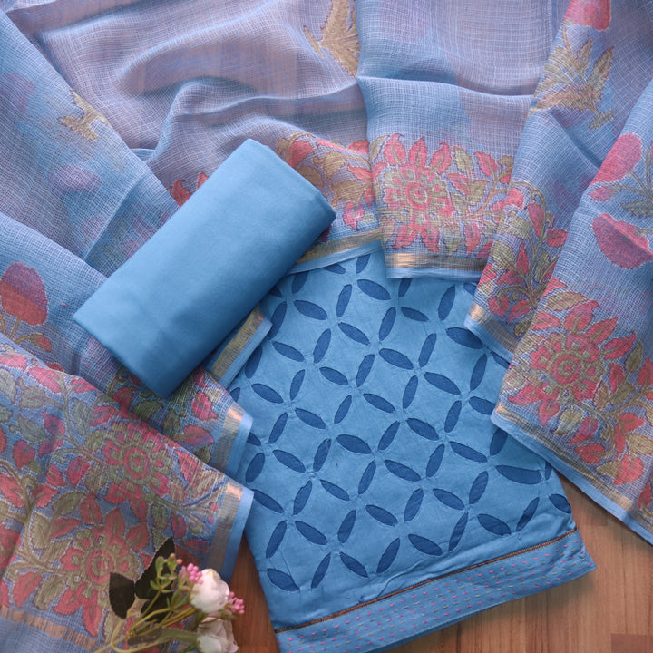 Kakashi Spruce Blue All Over Applique Work with Zari on Hem Cotton Suit Set