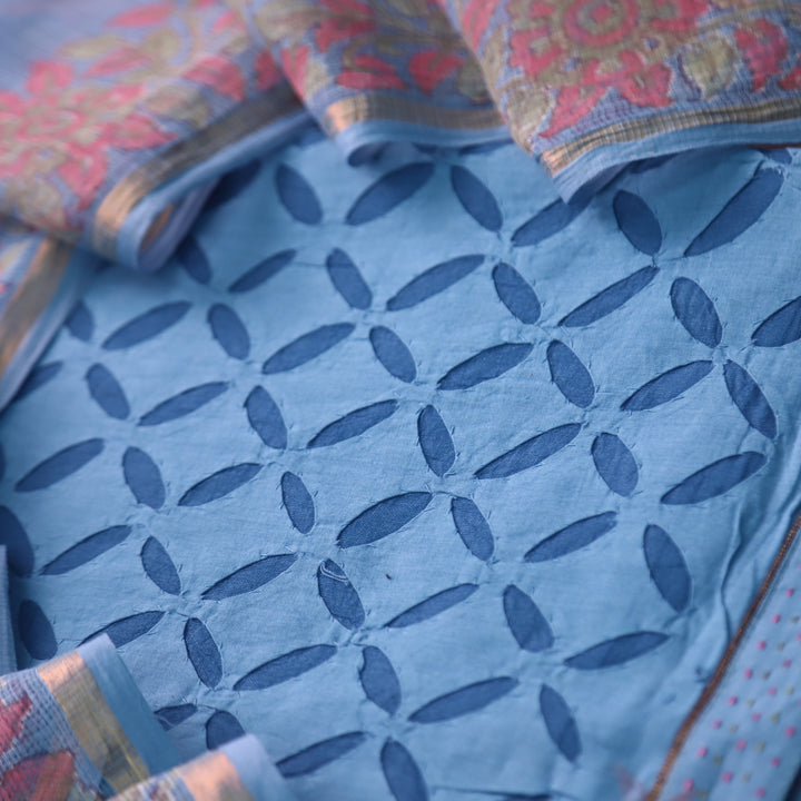 Kakashi Spruce Blue All Over Applique Work with Zari on Hem Cotton Suit Set