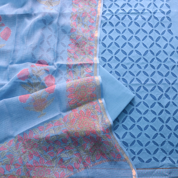Kakashi Spruce Blue All Over Applique Work with Zari on Hem Cotton Suit Set