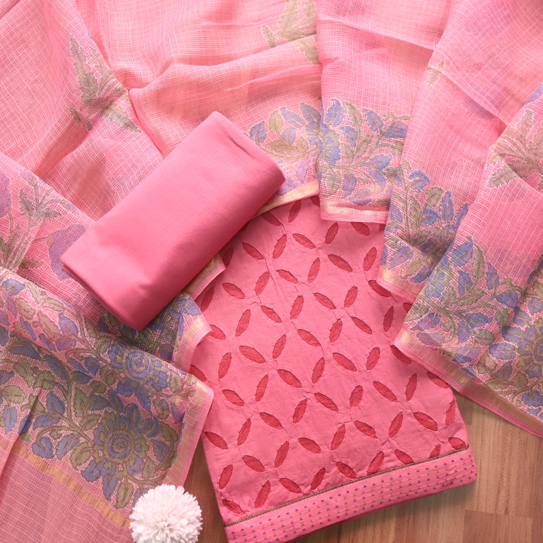 Kakashi Rosy Pink All Over Applique Work with Zari on Hem Cotton Suit Set