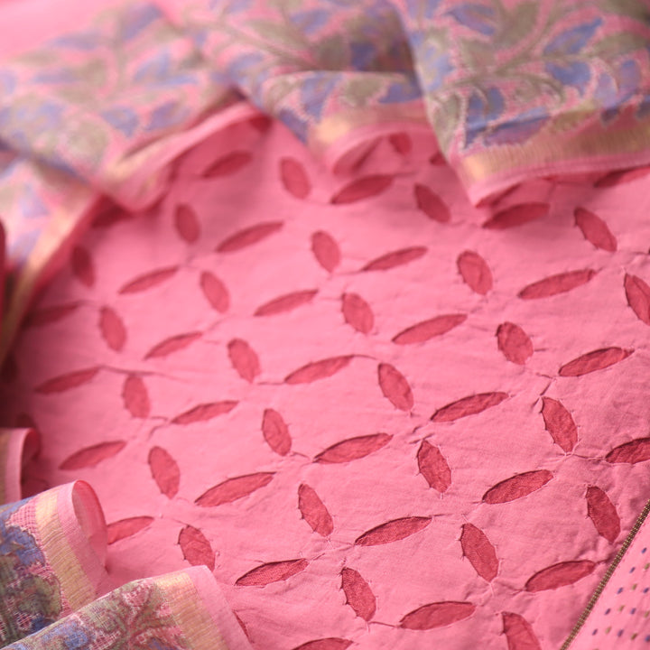 Kakashi Rosy Pink All Over Applique Work with Zari on Hem Cotton Suit Set