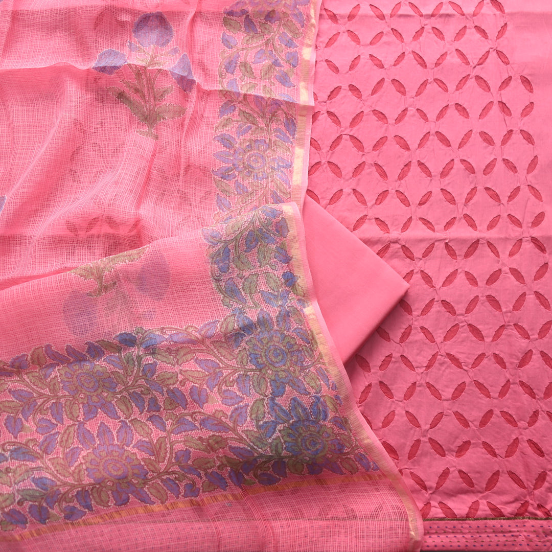 Kakashi Rosy Pink All Over Applique Work with Zari on Hem Cotton Suit Set