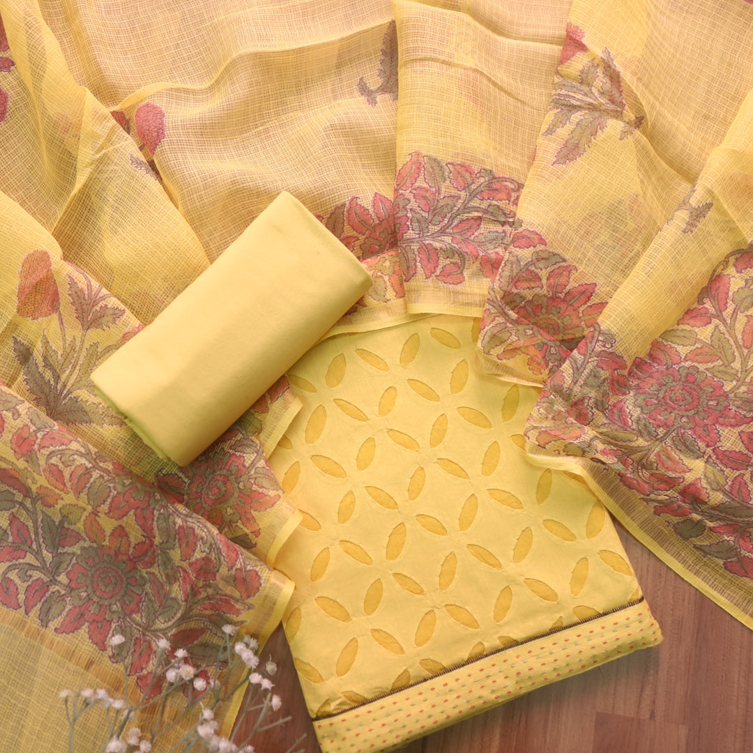 Kakashi Butter Yellow All Over Applique Work with Zari on Hem Cotton Suit Set
