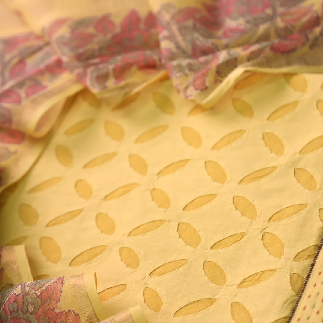 Kakashi Butter Yellow All Over Applique Work with Zari on Hem Cotton Suit Set