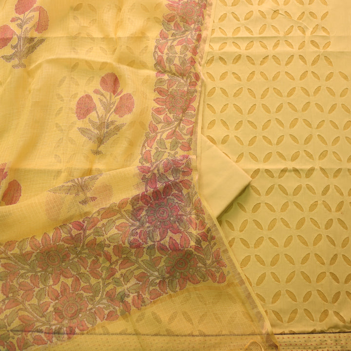 Kakashi Butter Yellow All Over Applique Work with Zari on Hem Cotton Suit Set