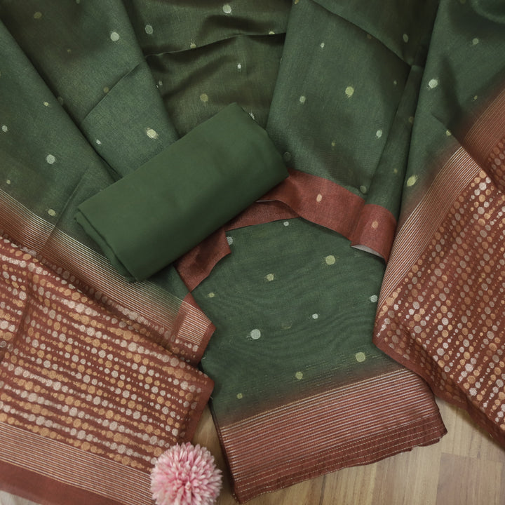 Rashiya Pine Green Zari with Authentic Jamdani Weaved Chanderi Suit Set