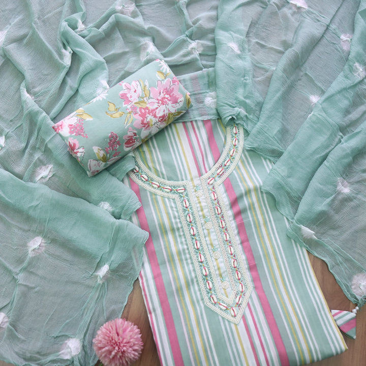 Adaa Sage Green Shell Neck with Moti Stripe Printed Cotton Suit Set