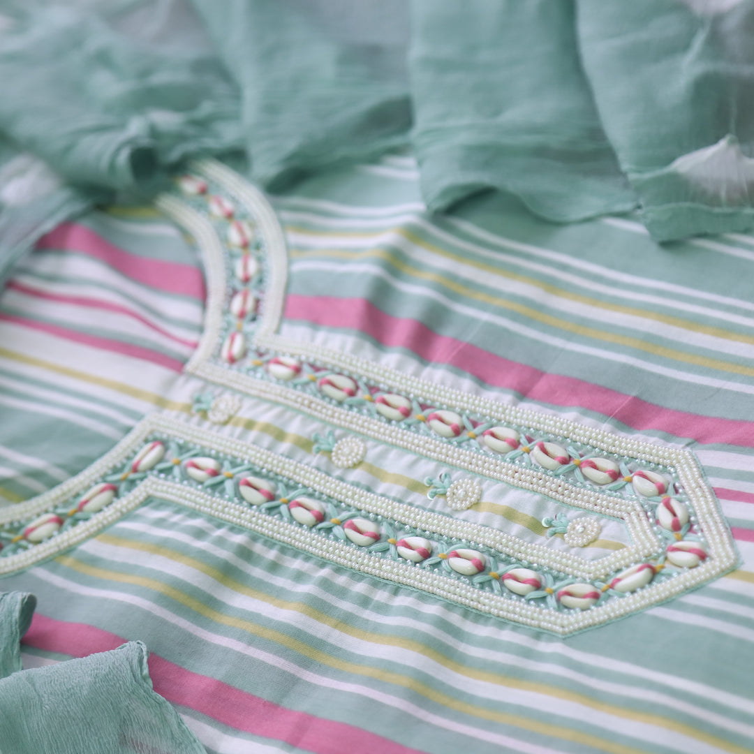 Adaa Sage Green Shell Neck with Moti Stripe Printed Cotton Suit Set