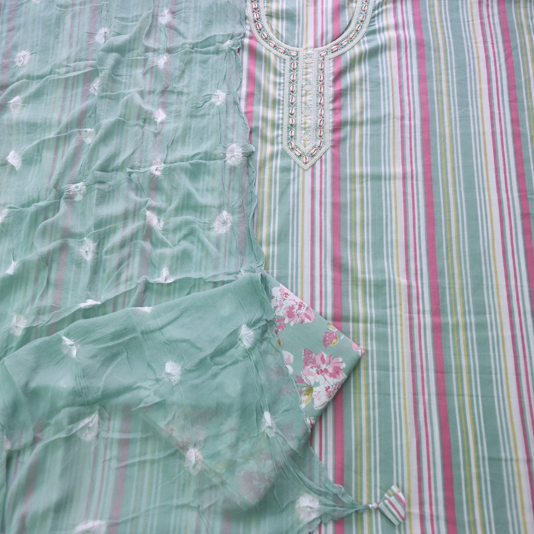 Adaa Sage Green Shell Neck with Moti Stripe Printed Cotton Suit Set