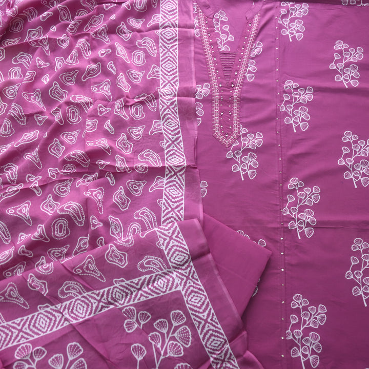Rivaish Orchid Purple Zari Neck Work with Patra Floral Printed Cotton Suit Set