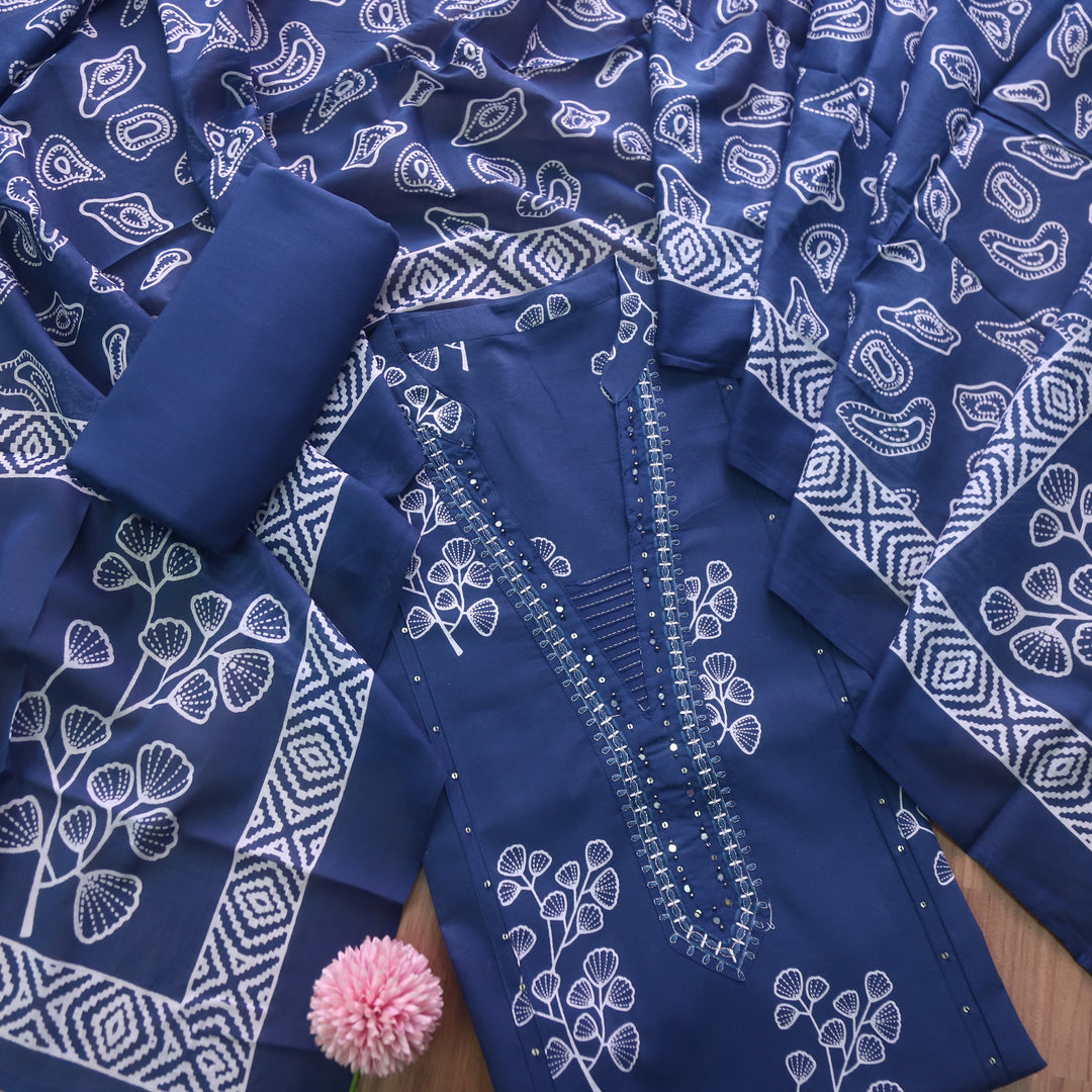 Rivaish Dark Blue Zari Neck Work with Patra Floral Printed Cotton Suit Set