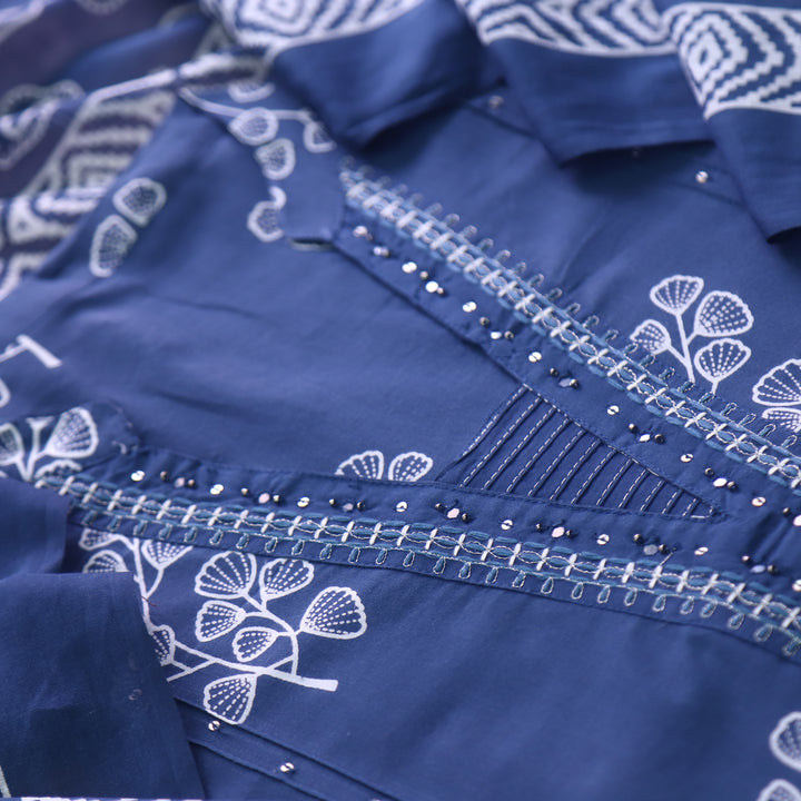 Rivaish Dark Blue Zari Neck Work with Patra Floral Printed Cotton Suit Set