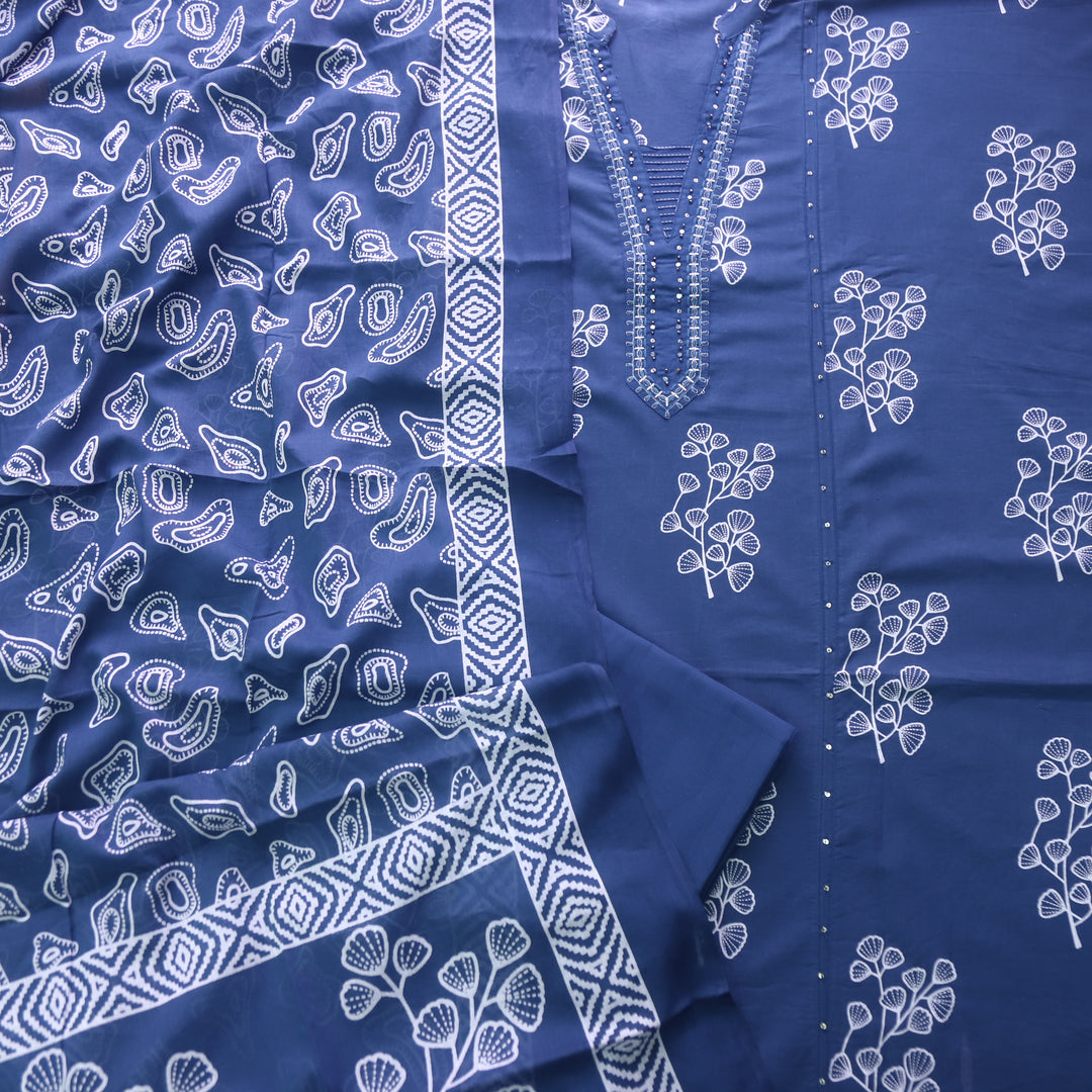 Rivaish Dark Blue Zari Neck Work with Patra Floral Printed Cotton Suit Set