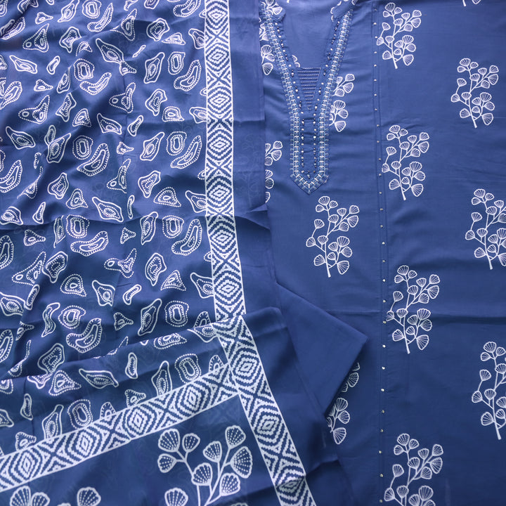 Rivaish Dark Blue Zari Neck Work with Patra Floral Printed Cotton Suit Set
